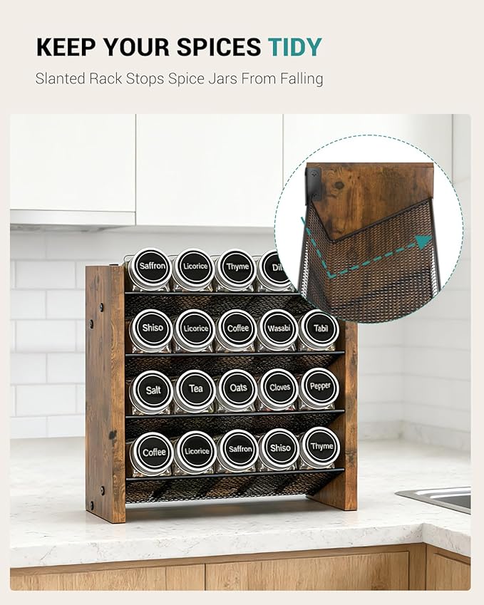 NESAPTO Spice Rack Organizer for Cabinet, Wooden 4 Tier Vertical Seasoning Organizers for Kitchen Pantry, Countertop/Wall Mount, Holds 20 Spice Jars (No Jars Included),10.3" W 횞 9.4" H