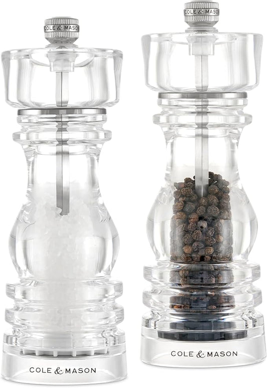 Cole & Mason London Refillable Spice Mill - Kitchen & Home Accessory - Salt & Pepper Grinder Set - Salt Mill with Ceramic Mechanism - Pepper Mill with Carbon Steel Mechanism - 7", Acrylic