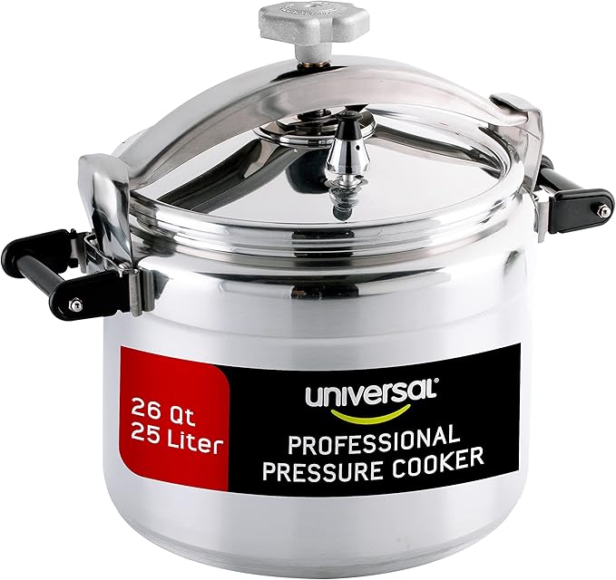 Universal (Large) 26-Quart Aluminum Pressure Cooker for Professional Use ??Commercial-Grade, 1 Safety Valve, Reinforced Handles, Easy-Open Lid, ??Ideal for Large Kitchens, and Restaurants