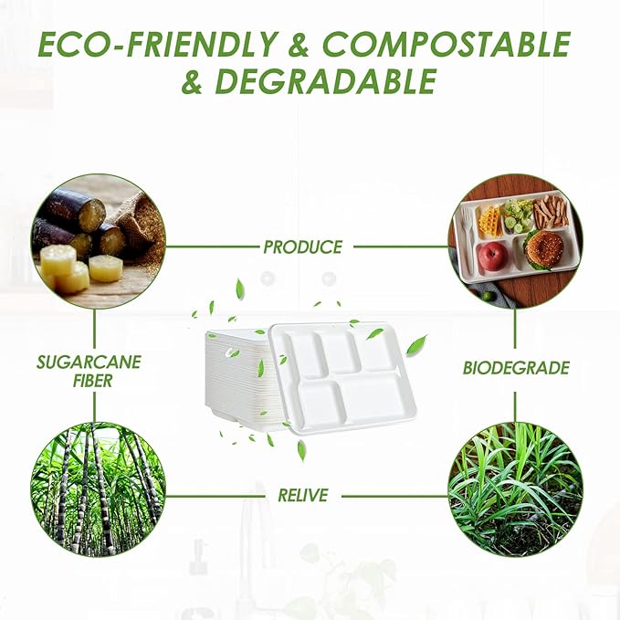 Vplus 100% Compostable 6 Compartment Plates, 90 Pack Compartment Paper Plate, 12.5x8.6 inch Disposable School Lunch Trays, Eco-Friendly Bagasse Plates for School Lunch, Buffet, and Party