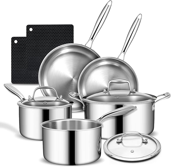3 Ply Stainless Steel Cookware Set, AIVIKI 10-Pieces Pots and Pans Set, Induction Kitchen Cookware Set, Oven Safe to 500?? Chef Quality Cooking Set w/Fry Pans, Saucepans, Dutch Oven, Kitchen Essential