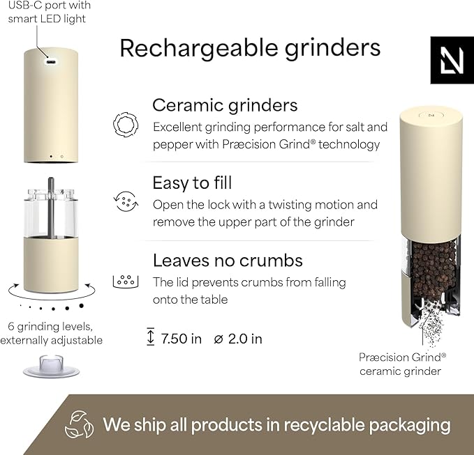 LARS NYS횠M Electric Salt and Pepper Grinder Set I Automatic Salt and Pepper Mills with Adjustable Ceramic Grinder I USB Rechargeable Electric Spice Mill Set with LED Light (Almond Beige)