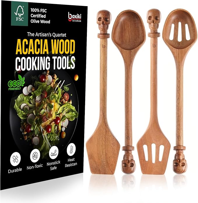 Acacia Wood Cooking Utensil Set with Skull Handles ??4-Piece FSC Certified Acacia Wood Kitchen Tools, Eco-Friendly Nonstick Safe Cooking Utensils (Spatula, Spoon, Slotted Turner, Slotted Spoon)