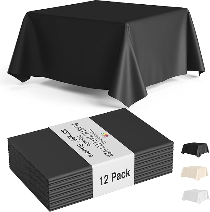 Party Solids 12-Pack Black Square Plastic Disposable Tablecloth ??Size: 85 횞 85 Inches ??Square Table Cover for Parties, Picnics & Formal Events