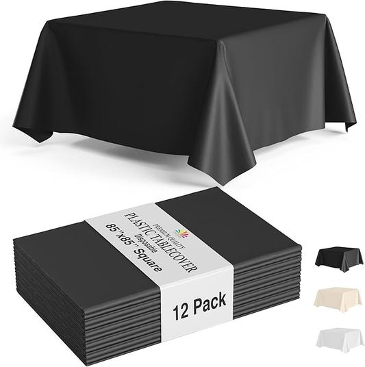 Party Solids 12-Pack Black Square Plastic Disposable Tablecloth ??Size: 85 횞 85 Inches ??Square Table Cover for Parties, Picnics & Formal Events