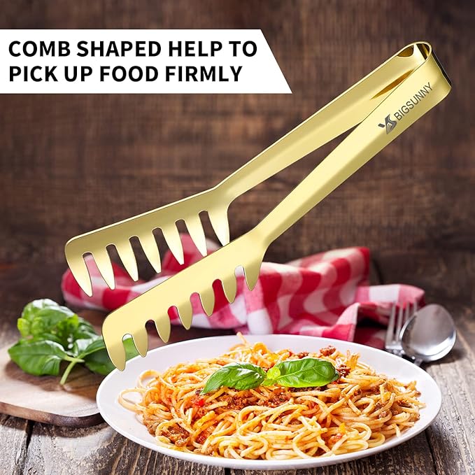 MSY BIGSUNNY 8 Inch Stainless Steel Pasta Tongs, Spaghetti Tongs with Teeth, Serving Tongs for Noodles, Spaghetti, Cooking (Set of 2, Shiny Gold)