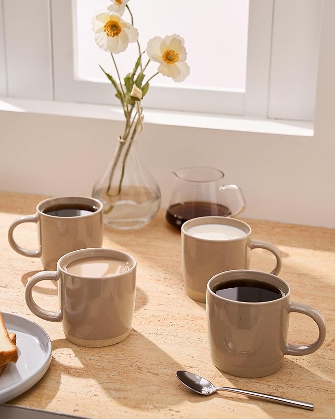 famiware Coffee Mugs for 6, 13 oz Mug Set, Dringking Cup with Handle for Coffee, Tea, Cocoa, Milk, Milkyway serise, White+Cinnamon Brown