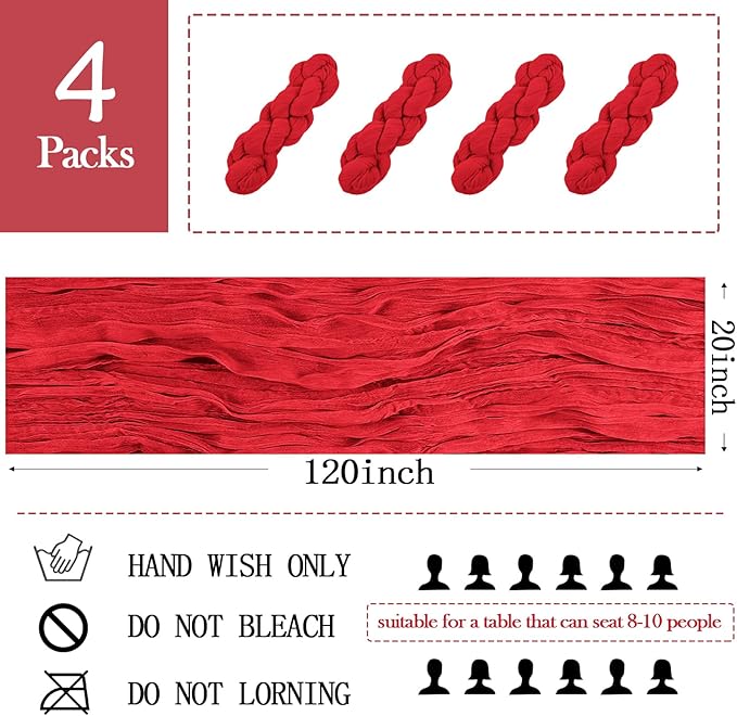 4 Pack Red Cheesecloth Table Runner 20 x 120 inch Gauze Table Runners 10 FT Long,Semi Sheer Boho Cheese Cloth Fabric Table Runner Bulk for Party,Wedding,Baby Shower,Bridal Shower Decoration