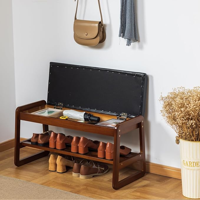 SOBIBO Solid Wood Shoe Bench, 2-Tier Entryway Bench with Cushion and Flip-Open Storage Box, Mid-Century Modern Shoe Bench Rack for Hallway, Mudroom(Black, 31.5'')