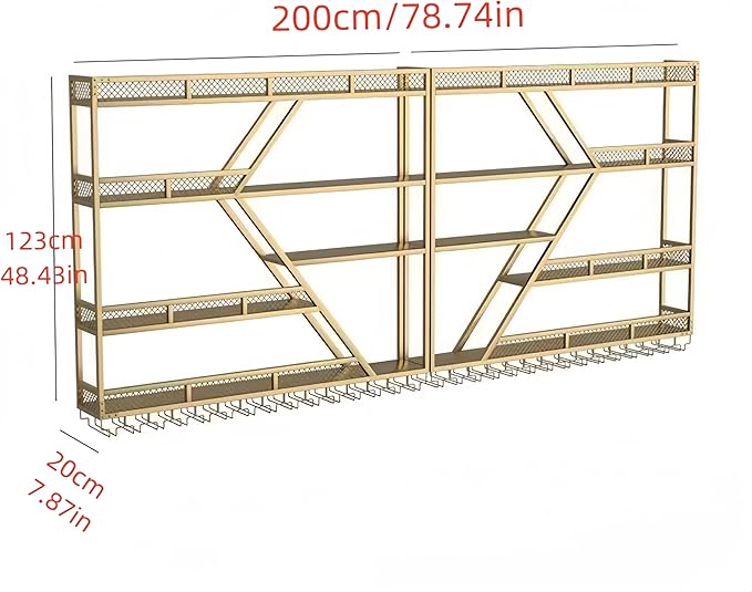 79 Inch 4 Tier Metal Wine Rack Wall Mounted, Modern Bar Shelves Wall Mounted Wine Rack with LED Light, Liquor Shelf Wall Mounted, Bar Shelves for Liquor Bottles (Gold with Blue led, 79-4 Tier)