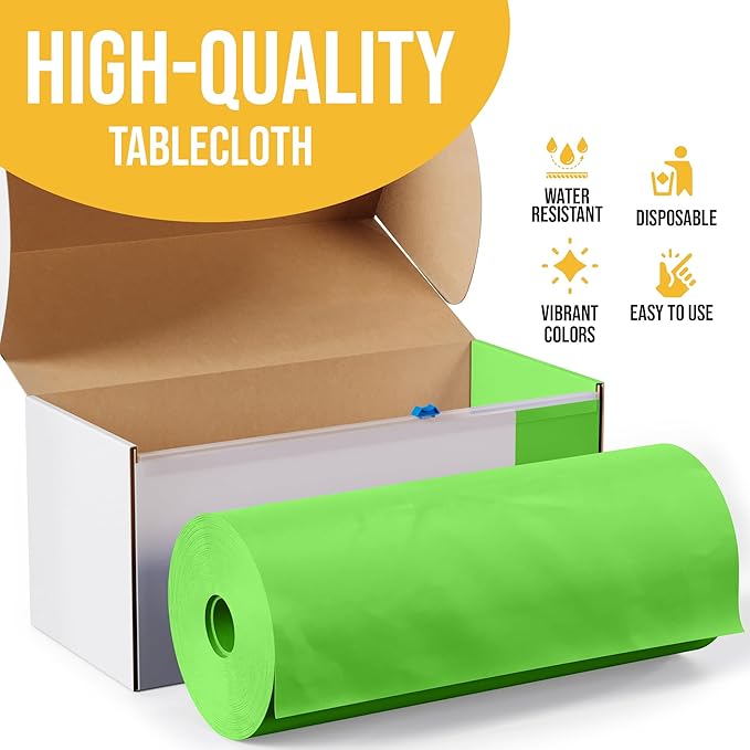 Exquisite Lime Green Plastic 54x300in Tablecloth Roll, Heavy Duty Disposable, Waterproof, Built-in Cutter, 36 Rectangle Table Covers, All-Season