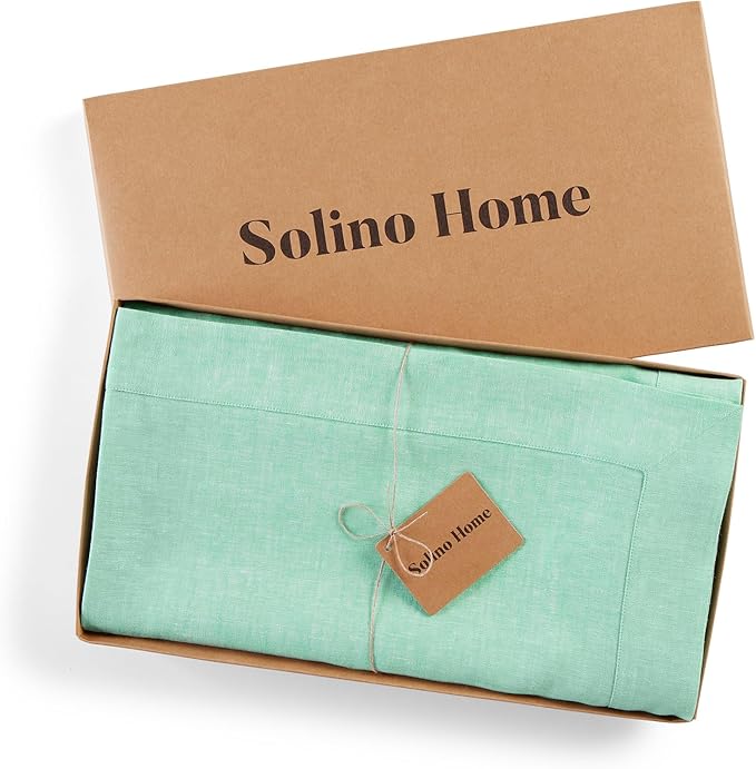 Solino Home Linen Tablecloth 60 x 90 Inch - 100% Pure Linen Chambray Aqua Table Cloth for Rectangle Tables - Athena, Machine Washable Tablecloth for Winter, Spring, Easter