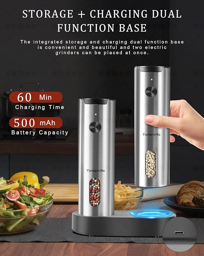 Electric Salt and Pepper Grinder Set with Rechargeable Base - Upgraded Large Capacity, Refillable Pepper Mill Set with LED Light & Adjustable Coarseness, Ideal for Kitchen, Outdoor, BBQ & Gift Giving