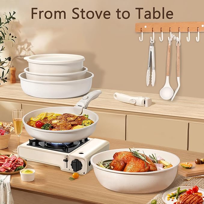 GiPP Ceramic Pots and Pans Set Non Stick, Nonstick Detachable Handle Cookware Sets, Healthy Non Toxic PFAS PFOA & PTFE Free, Dishwasher 竊냀ven Safe, Induction Kitchen Pot and Pan, 21 Piece Cream