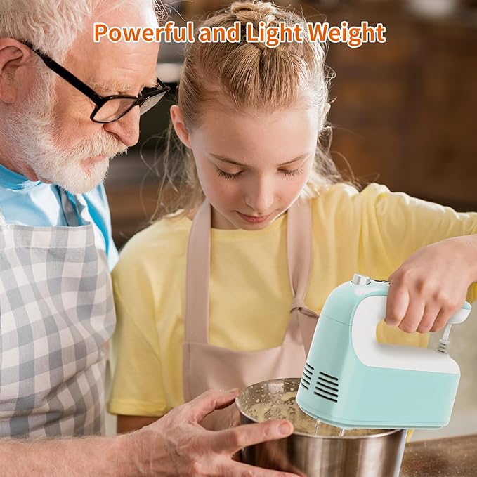 9-Speed Digital Hand Mixer Electric, 400W Powerful DC Motor, Baking Handheld with Snap-On Storage Case, 5 Stainless Steel Accessories, Flat Beaters, Dough Hooks, Whisk(Ice Blue/White)