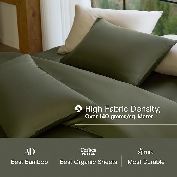 DOZ Sheet Set, 100% Viscose derived from Bamboo, Organically Grown, Buttery Soft, Cooling Sheets, High GSM, Deep Pockets - 4 Piece - 2 Pillowcases 1 Fitted 1 Top Sheet (Olive, Cal King)