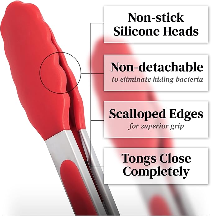 Popco 3-Piece Kitchen Tongs Set ??Stainless Steel Heat Resistant Silicone Tips, Strong Comfort Grip, 3 Sizes (7, 9, 12 Inch), Non-Scratch, Dishwasher Safe, for Cooking, BBQ, Salad