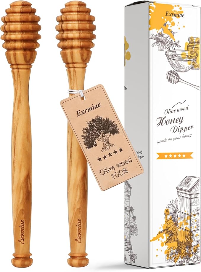 Olive Wood Honey Dipper/Stick Durable & Warp-Resistant, Preserves Honey Purity, 2pcs, 6.3 Inch
