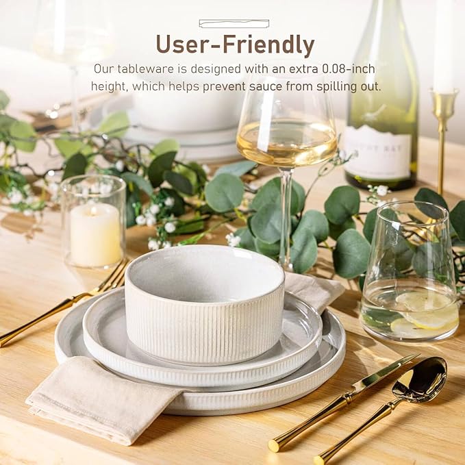 GBHOME Stoneware Dinnerware Sets for 6,Round Reactive Glaze Ceramic Plates and Bowls Set,Highly Scratch Resistant | Dishwasher & Microwave Safe Dishes Set,Service for 6(18Pcs),Sugar White