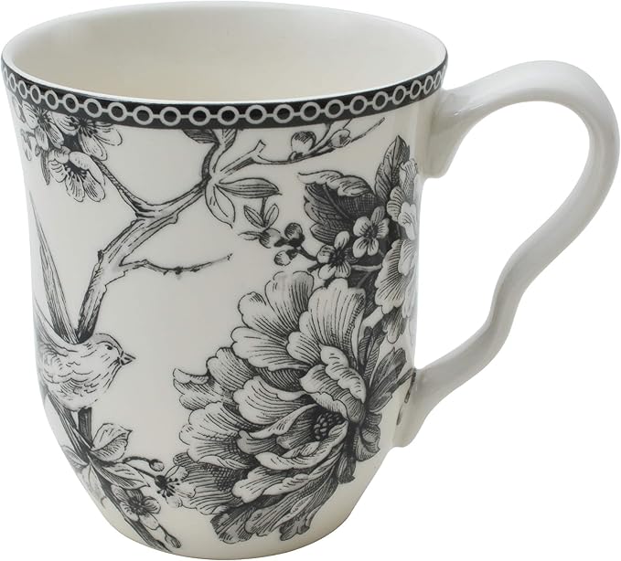 222 Fifth Adelaide 16-Piece Black Porcelain Dinnerware Set ??Service for 4, Featuring Hand-Applied Romantic Woodland Bird Design, for Everyday Dining & Entertainment, Microwave & Dishwasher Safe