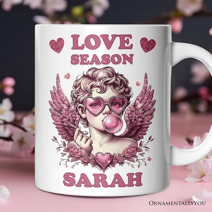 OrnamentallyYou Personalized Valentine Mug (Retro Cupid Valentine Blowing Bubble Personalized Mug)
