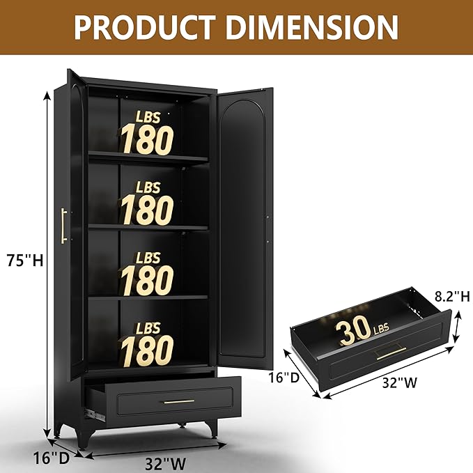 Black Pantry Kitchen Cabinet with Drawer, 75 Inch Metal Storage Cabinet with Doors and Shelves, Steel Food Pantries, Large Freestanding Cupboard for Living&Dining Room-Assemble Required