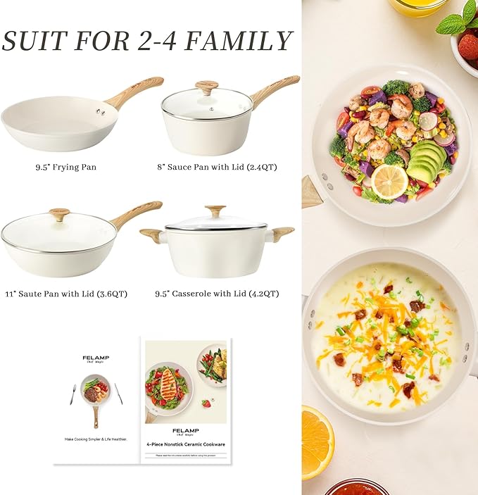 FELAMP Healthy Ceramic Nonstick Cookware Set, 7-Piece PFOA/PFOS/Toxin-Free Pots & Pans Set for Induction & All Stovetops, Dishwasher Safe with Glass Lids竊똆ift for New Home & Chefs