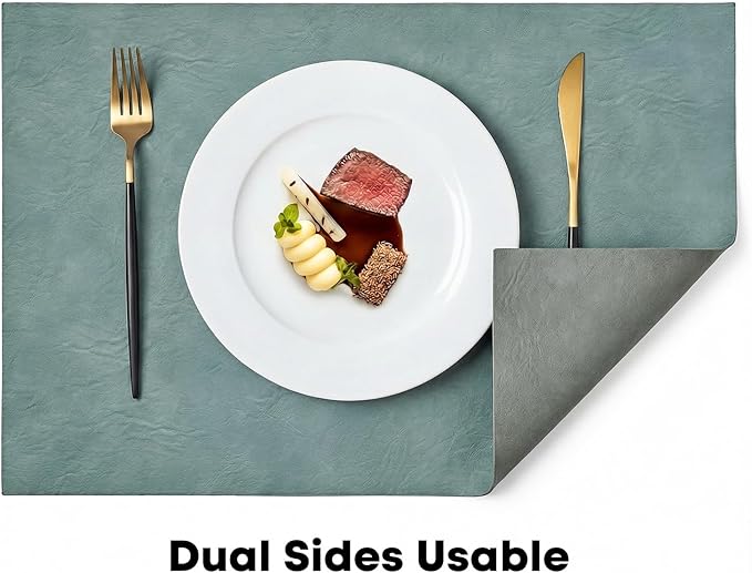 Artoid Mode Blue Faux Leather Placemats Set of 6, 12x18 Inch Waterproof Wipeable Heat Resistant Place Mats, Reversible Table Mats for Winter Kitchen Dining Decor