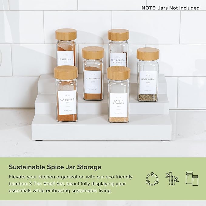 KitchenEdge Expandable Spice Rack Organizer for Cabinet, 3-Tier Shelf for Spice Organization (11??to 22??, Fits 36 Spice Jars, Seasoning and Pantry Storage, Non-Slip Feet, 100% Bamboo, White Finish