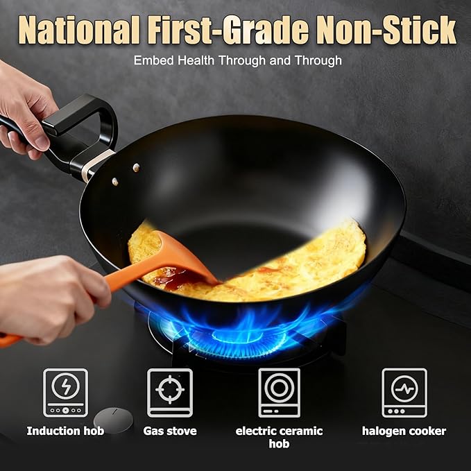 Carbon Steel Wok Pan, Non-stick saut챕 pan,13 Inch Woks & Stir-fry Pans Nonstick with Ergonomic Handle, Cookware, Pots and Pans,Versatile Bottom Chinese Woks for All Stoves