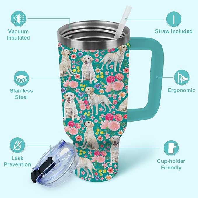 Yogusut Labrador Retriever Gifts for Women, 40oz Stainless Steel Insulated Tumbler Travel Mug Cup with Handle Straw, Gifts for Dog Mom Dog Lover