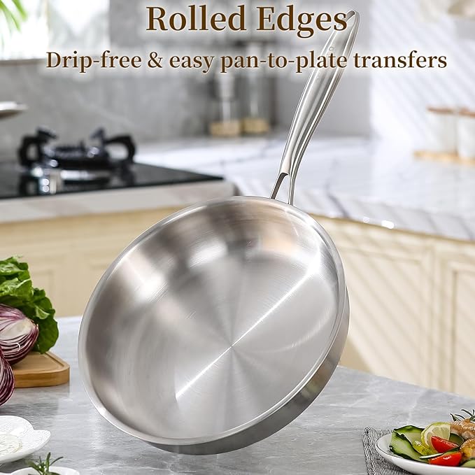 DELARLO Stainless Steel Pan訝?0 Inch Skillet with Lid訝쭽ven Safe Up to 600?됦릅Triply Stainless Steel Cookware訝쮁tainless Steel Pan 10 in訝쭵nduction Compatible訝쭲ast Even Heat訝쭺arge Cooking Surface
