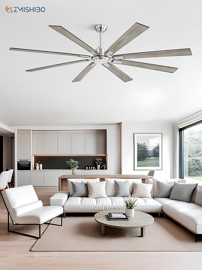 80 Inch Ceiling Fan No Light with Remote Control, 8 Blades Quiet DC Reversible Motor, 6-Speed, Timer, Brushed Nickel Finish, Indoor Outdoor Ceiling Fans for Patios, Living Room, Garage
