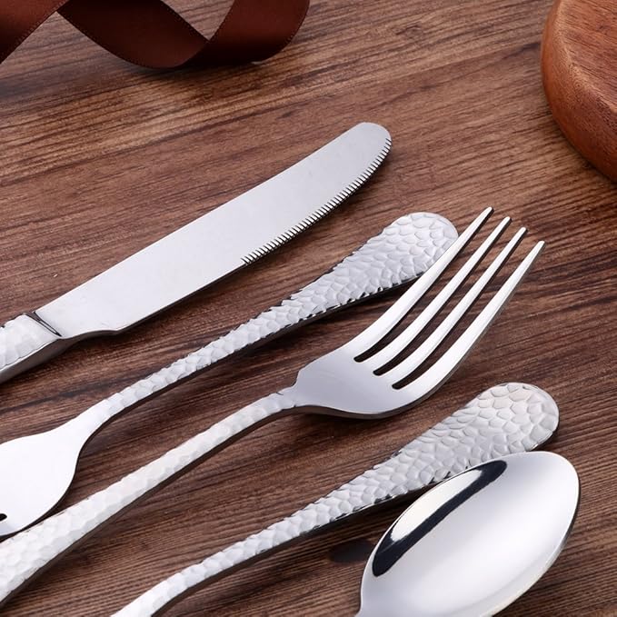 Silverware Set, 20 Piece Premium 18/8 Stainless Steel Hammered Kitchen Utensil Flatware Cutlery Sets of 4, Mirror Polish, Dishwasher Safe