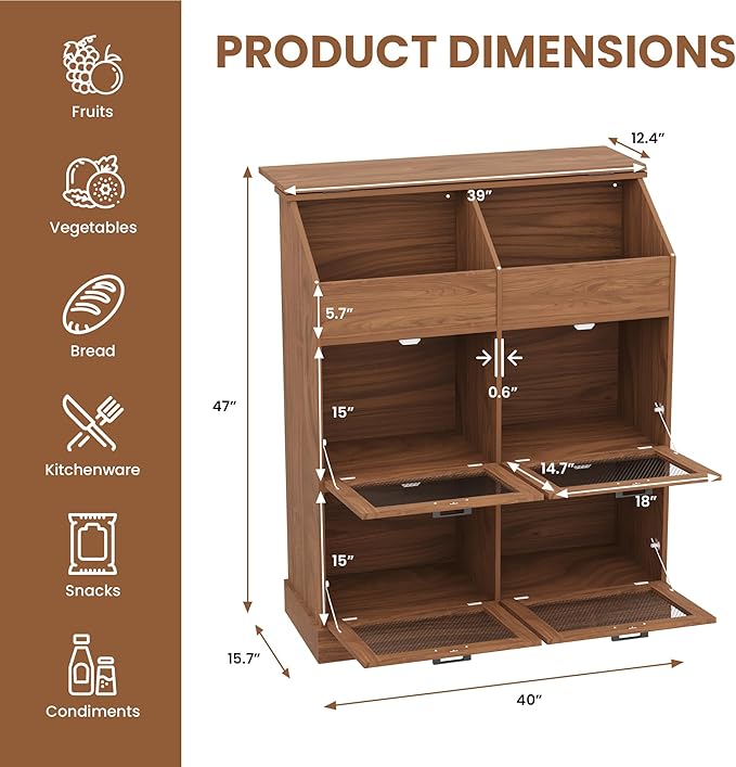 COSIEST Oversized Potato Storage Bin, 47'' High Wooden Bread Box with Adjustable Door Hinge, Farmhouse Potato and Onion Storage Bin with 4 Mesh Doors, Kitchen Fruit and Vegetable Storage Cabinet