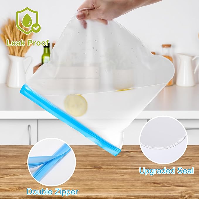 Lerine 6 Pack Reusable Freezer Bags 2 Gallon Stand-Up Dishwasher Safe, BPA-Free Reusable Gallon Bags, Leakproof Food Storage Bags for Meat Vegetables Bread Travel (Gray)