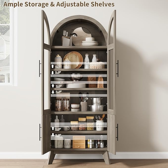 QUW 71" Tall Arched Kitchen Pantry Cabinet, Modern Fluted Display Cabinet with Glass Door & Adjustable Shelves, Storage Cabinet for Kitchen, Living Room, Dining Room, Bathroom, Grey
