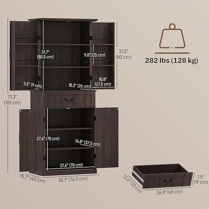HOMCOM 71" LED Kitchen Pantry Cabinet, Farmhouse Tall Freestanding Storage Cabinet with Door Shelves, Adjustable Shelves and Drawer for Kitchen and Dining Room, Distressed Brown