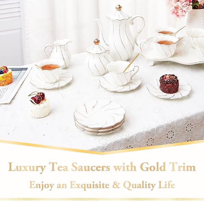 DUJUST 6 pcs Porcelain Tea Saucer, 6 inch, Luxury British Style Tea/Coffee Cup Saucer with Golden Trim, Beautiful for Living Room Decor, Party Set, Gift Package - White