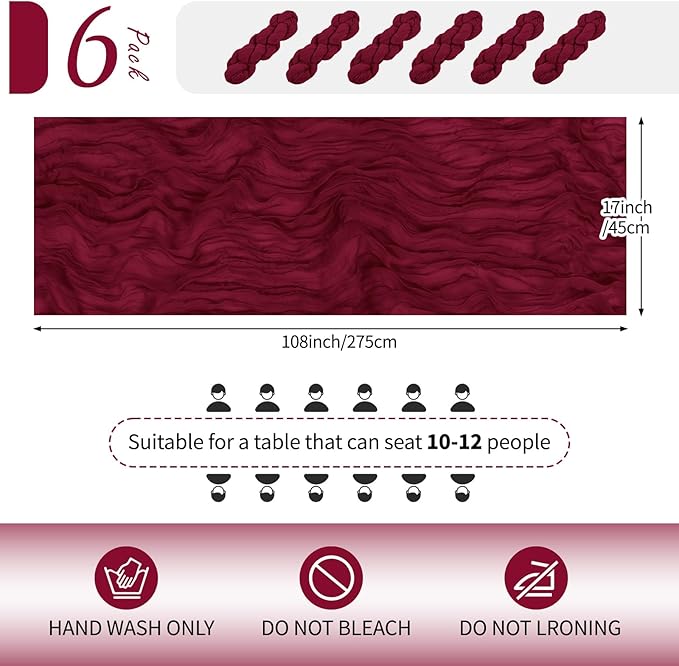 RealBox 6 Pack Burgundy Cheesecloth Table Runner 17x108 Inch Semi Sheer Boho Gauze Cheese Cloth Fabric Table Runners Table Decor for Wedding Party Baby Shower Birthday Home Decor Garden Farmhouse