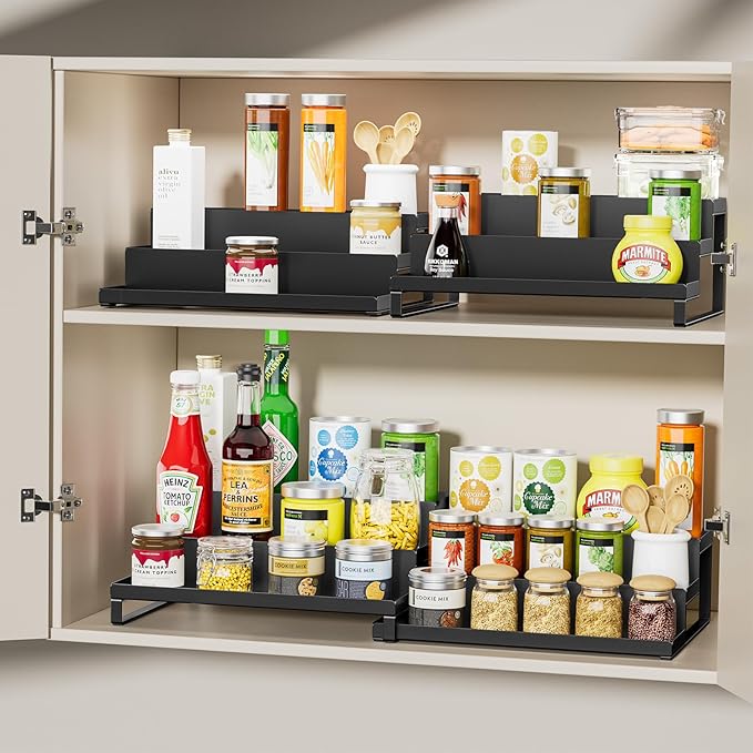 RCHYFEED Spice Rack Organizer for Cabinet, Set of 2 Metal 3 Tier Spice Rack 11.8"-22.8" Expandable Display Risers, Seasoning Organizer for Kitchen, Cabinet, Countertop, Pantry Spice Organizer