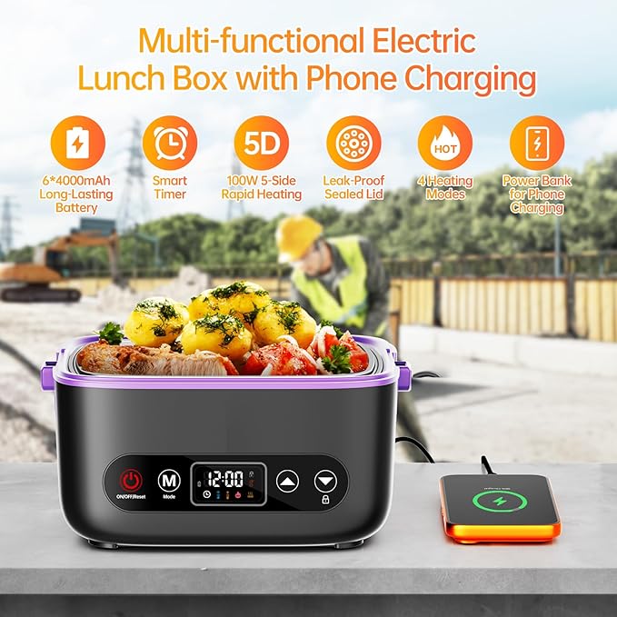 Cordless Electric Heated Lunch Box, 2x1.2L Portable Food Warmer Upgared 5D Surround Heat Tech 6x4000mAh Battery Powered with Dual Insulated Bag, 100W Automatic Heating 220째F Max BPA Free for Men