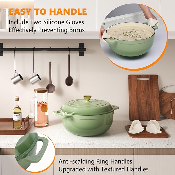 Bonnlo 6QT Round Dutch Oven, Enameled Cast Iron Dutch Oven Pot with Lid & Dual Handles, Oven Safe Up to 500째 F, for Sourdough, Bread Baking, Stews and Roasting, Green