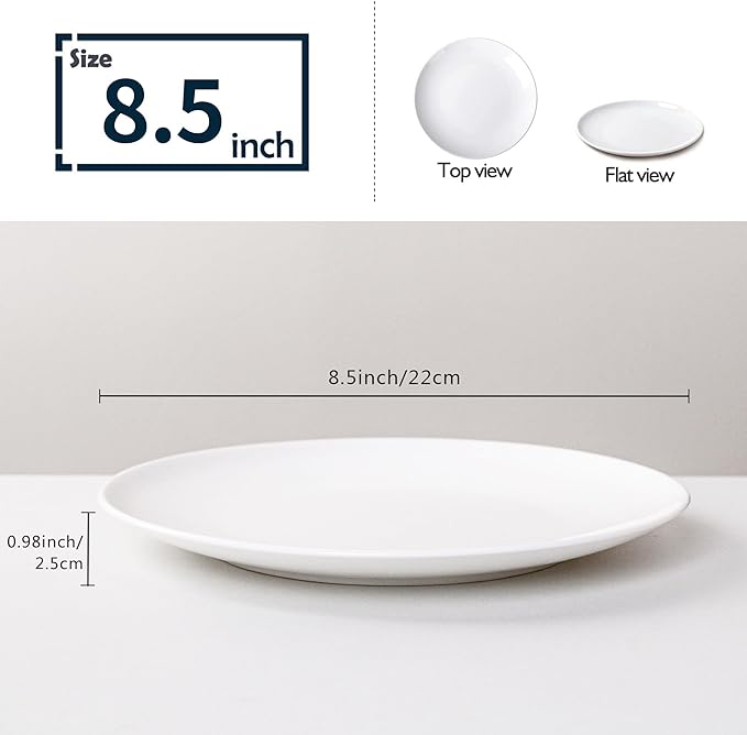 White Salad Plates Set of 6, 8.5 Inch Ceramic Plates ??White Porcelain Appetizer & Dessert Plates for Kitchen, Salad, Snack & Everyday Use, Microwave & Dishwasher Safe