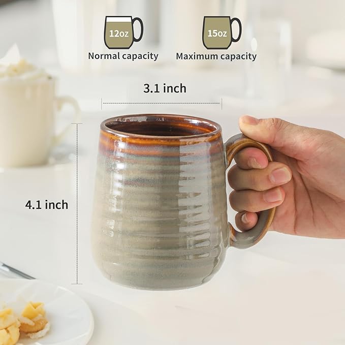 MEKY Coffee Mugs, 15oz Ceramic Coffee Cups with Comfortable Handle for Latte, Milk, Cappuccino, Cocoa, Tea Cups for Office and Home, Dishwasher and Microwave Safe, Set for 4, Brown