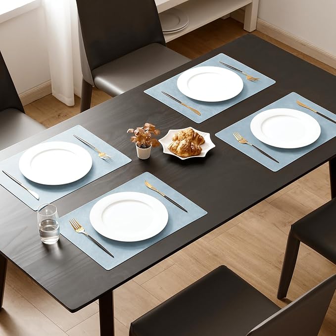 MOSAYT Vinyl Placemats Set of 4-12 X 17 Inch - Faux Leather 100% Waterproof Oil-Proof Wipeable PU Place Mats, Heat Resistant Reversible Table Mats for Kitchen, Dining, Outdoor (Light Grayish Blue)