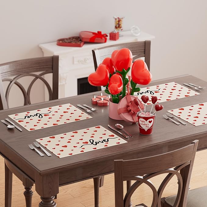 XCHI Red Little Love Hearts Valentine's Day Placemats Set of 8 Table Mats for Party Home Kitchen Dining Table Decorations 12x18 Inch