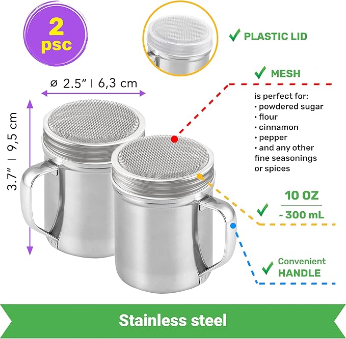 CUSINIUM [10oz, 10oz, 14oz] Cinnamon Sugar Shakers - With Lid - With Handle - Fine Mesh Dredge Bundle - For Vanilla, Flour, Sugar Powder