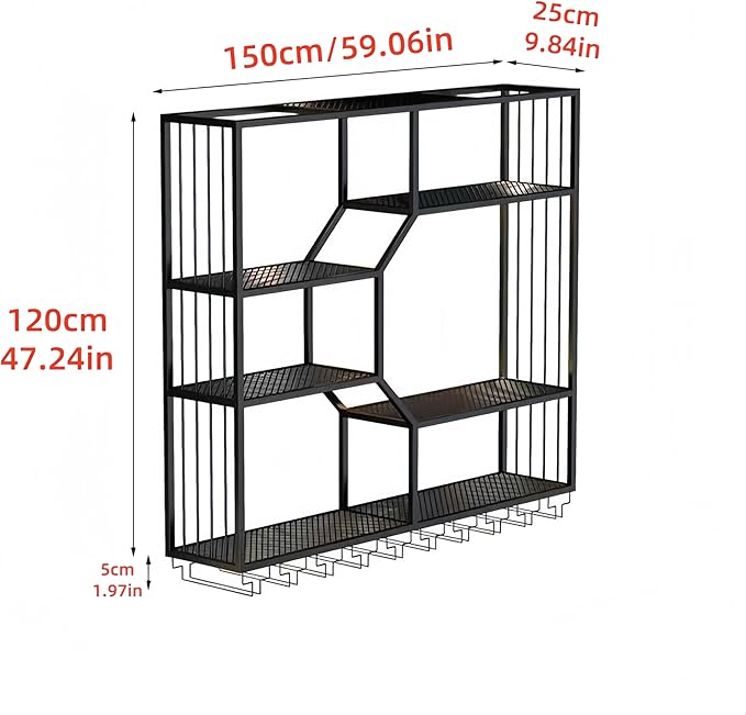 59 Inch Metal Wall-Mounted Wine Rack & Liquor Shelf, 5-Tier Large Bar Shelves for Liquor Bottles with Glass Holder, Alcohol Shelf for Home Bar & Dining Room, Black(Left, No Lights)