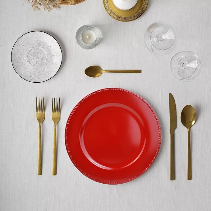 Set of 12 Red Charger Plates with Beaded. 13" Reusable Plastic Table Chargers for Dinner Plates